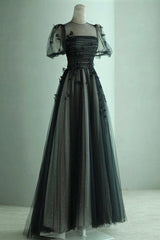 Black Prom Dress A Line Tulle Butterfly Long Evening Dress