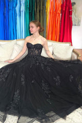 Black Prom Dress A Line Tulle Lace Long Formal Dress Evening Dress