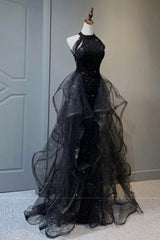 Black Prom Dress A Line Tulle Long Formal Evening Dress