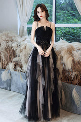Black Prom Dress A Line Tulle Long Lace Formal Gown Evening Dress