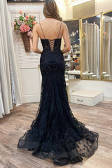 Black Prom Dress Appliques Plunge V Lace Up Trumpet Evening Dress
