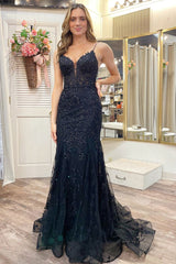 Black Prom Dress Appliques Plunge V Lace Up Trumpet Evening Dress