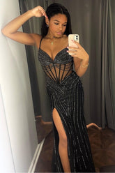 Black Prom Dress Beaded Mermaid Corset Long Evening Dress with Slit