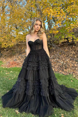 Black Prom Dress Chic Sweetheart Collar Beaded Tiered A Line Evening Dress