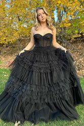 Black Prom Dress Chic Sweetheart Collar Beaded Tiered A Line Evening Dress