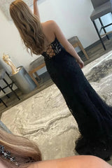 Black Prom Dress Corset Sweetheart Long Lace Mermaid Evening Dress with Slit