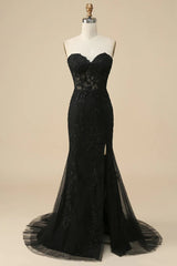 Black Prom Dress Corset Sweetheart Long Lace Mermaid Evening Dress with Slit