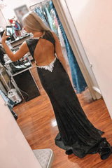 Black Prom Dress Deep V-Neck Mermaid Evening Dress with Slit