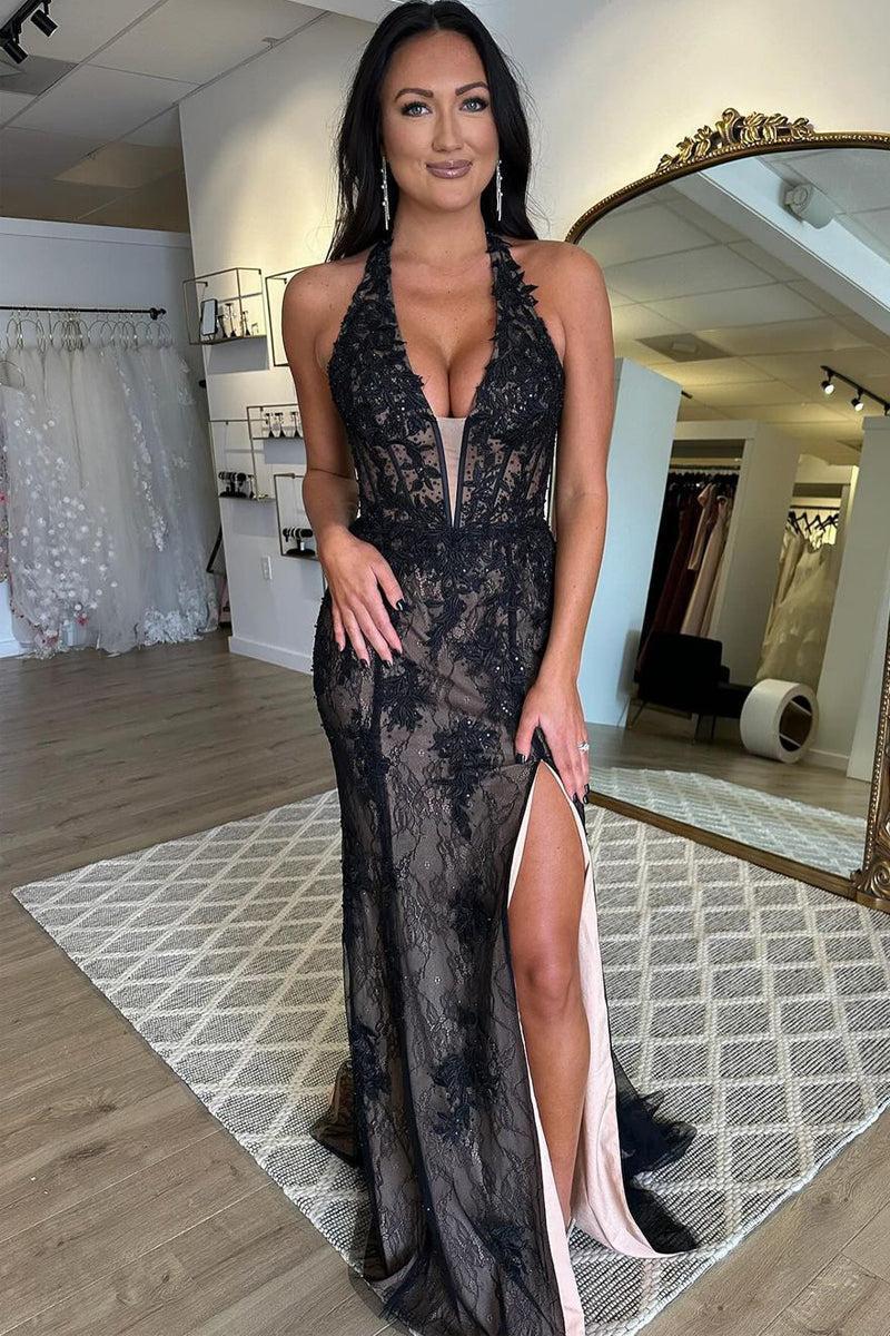 Black Prom Dress Halter Lace Appliques Mermaid Long Evening Dress With Split