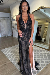 Black Prom Dress Halter Lace Appliques Mermaid Long Evening Dress With Split
