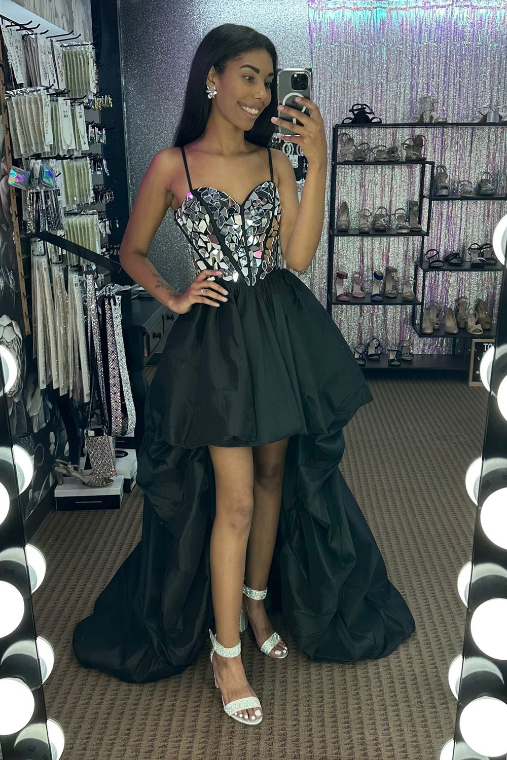 Black Prom Dress High Low Satin A Line Mirror Homecoming Dress