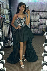 Black Prom Dress High Low Satin A Line Mirror Homecoming Dress