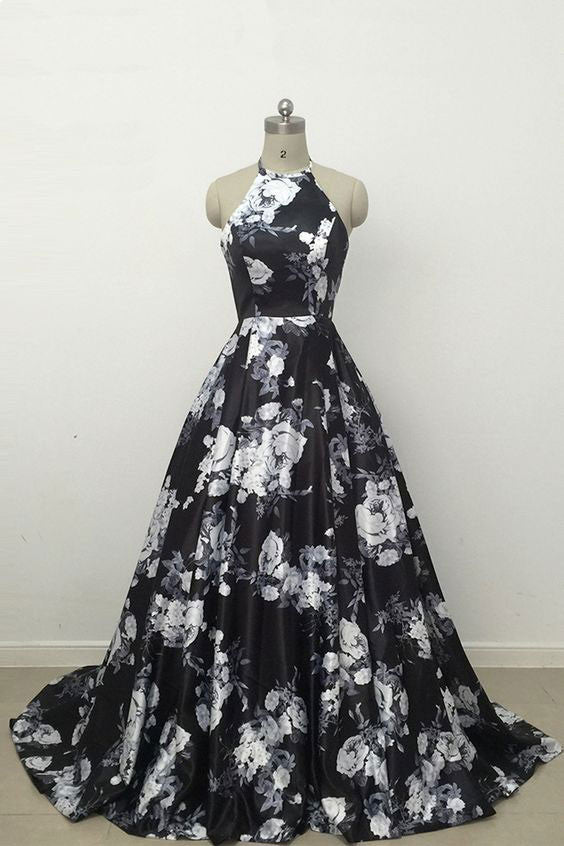 Black Prom Dress High Neck Satin Long Formal Gown Evening Dress