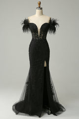 Black Prom Dress Mermaid Lace Long Evening Dress with Feathers