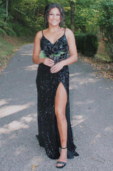 Black Prom Dress Mermaid Long Mirror Evening Dress With Slit