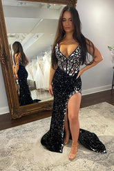 Black Prom Dress Mermaid Mirror Long Beaded Evening Dress with Slit