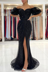 Black Prom Dress Off the Shoulder Sequin Long Formal Gown Evening Dress