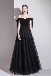 Black Prom Dress Off the Shoulder Tulle Long Evening Dress