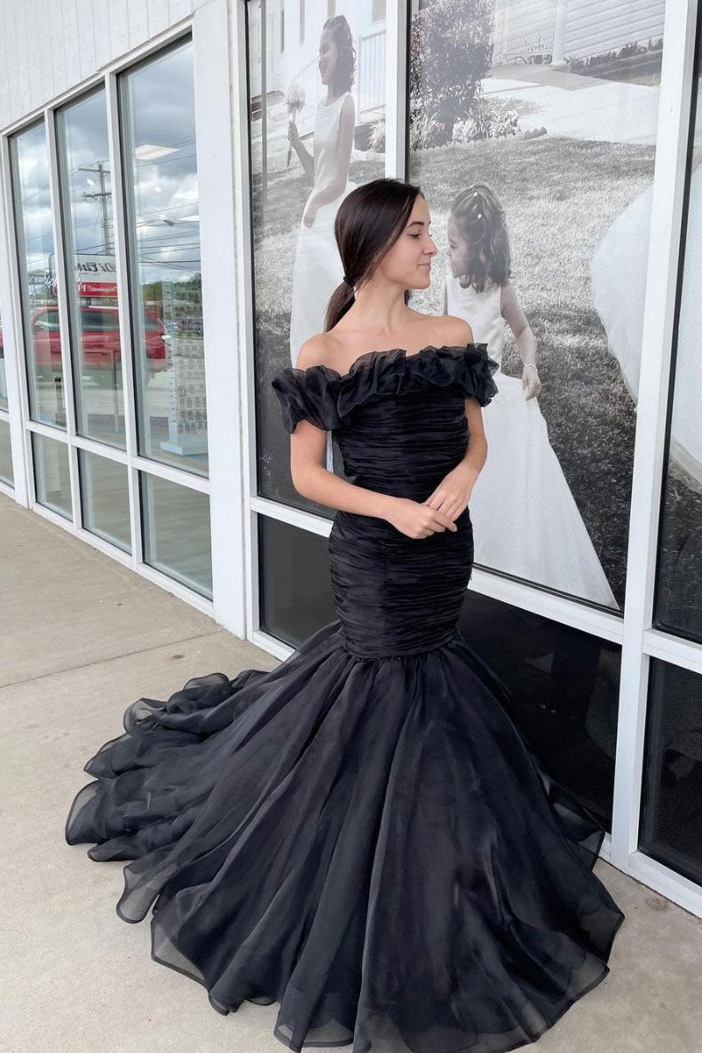 Black Prom Dress Off the Shoulder Tulle Mermaid Long Formal Gown Evening Dress