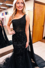 Black Prom Dress One Shoulder Appliques Mermaid Long Evening Dress