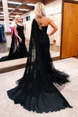 Black Prom Dress One Shoulder Appliques Mermaid Long Evening Dress