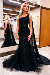 Black Prom Dress One Shoulder Appliques Mermaid Long Evening Dress