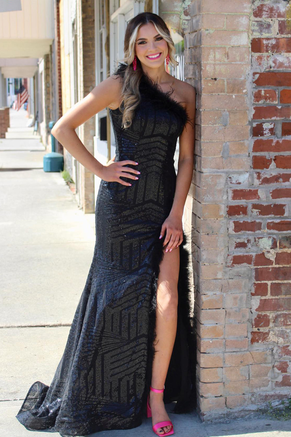 Black Prom Dress One Shoulder Mermaid Long Evening Dress with Feather
