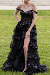 Black Prom Dress Princess A Line Off the Shoulder Corset with Lace Ruffles Evening Dress