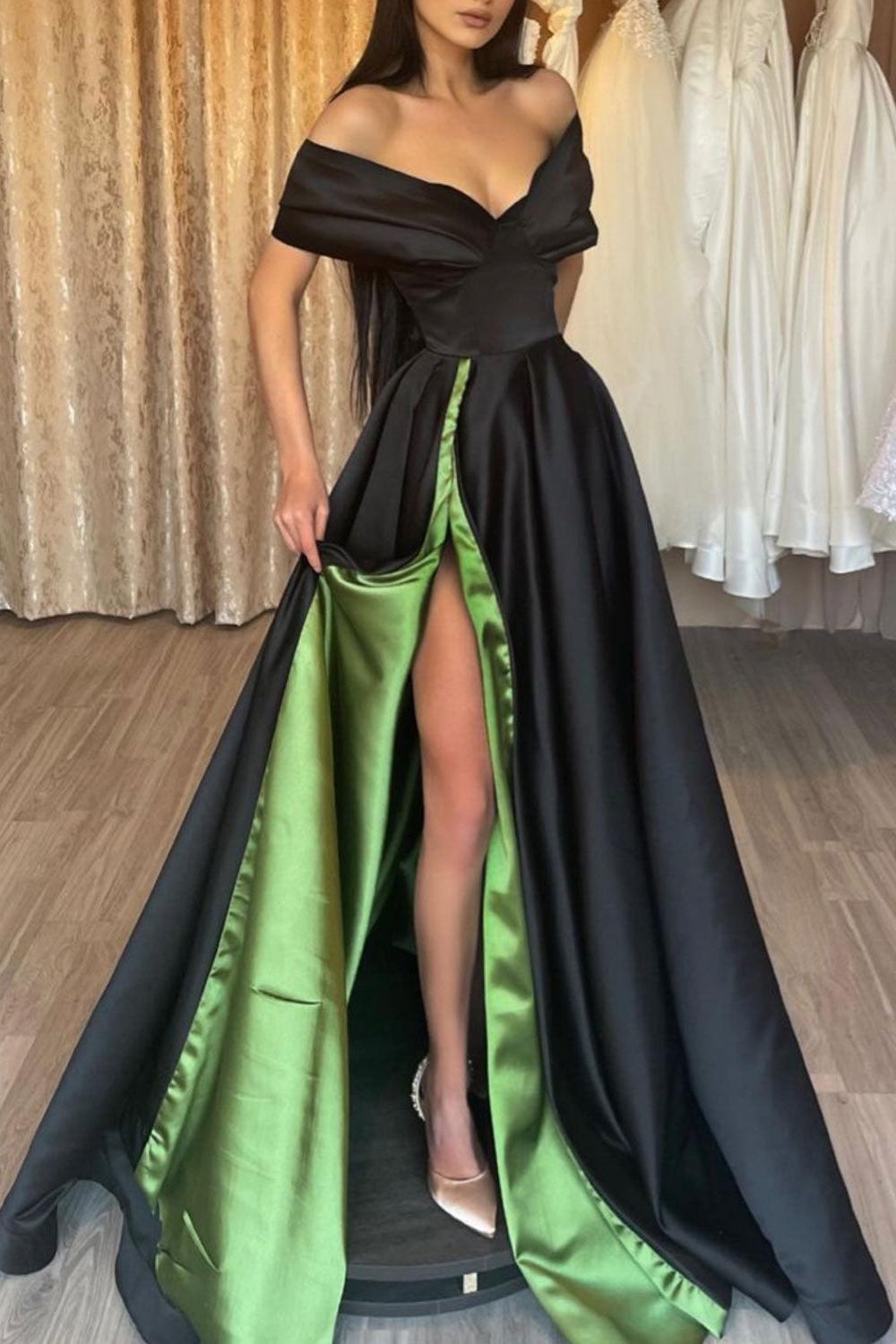 Black Prom Dress Satin Off the Shoulder Long Evening Dress