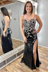 Black Prom Dress Sequin Appliques Spaghetti Strap Long Evening Dress With Split