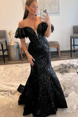 Black Prom Dress Sequin Off the Shoulder Long Evening Dress