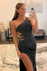 Black Prom Dress Sequined Waist Cut Out Evening Dress with Slit