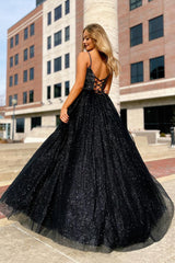 Black Prom Dress Spaghetti Straps A Line Evening Dress