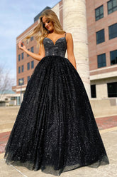 Black Prom Dress Spaghetti Straps A Line Evening Dress