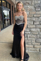 Black Prom Dress Spaghetti Straps Mermaid Long Evening Dress with Slit