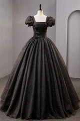 Black Prom Dress Square Neckline Tulle Long Shiny Evening Dress