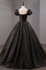 Black Prom Dress Square Neckline Tulle Long Shiny Evening Dress
