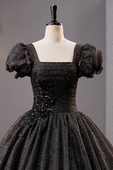 Black Prom Dress Square Neckline Tulle Long Shiny Evening Dress