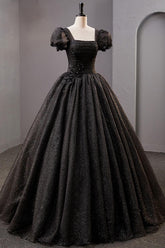 Black Prom Dress Square Neckline Tulle Long Shiny Evening Dress