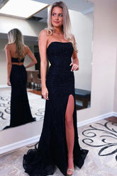 Black Prom Dress Strapless Long Sheath Evening Dress with Slit