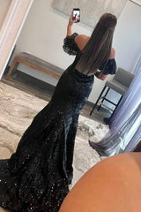 Black Prom Dress Strapless Sequin Long Mermaid Evening Dress
