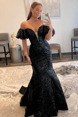 Black Prom Dress Strapless Sequin Long Mermaid Evening Dress