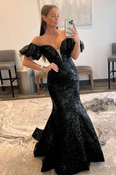 Black Prom Dress Strapless Sequin Long Mermaid Evening Dress