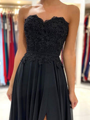 Black Prom Dress Sweetheart A Line Chiffon Lace Long Formal Gown Evening Dress