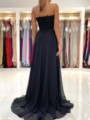 Black Prom Dress Sweetheart A Line Chiffon Lace Long Formal Gown Evening Dress