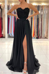 Black Prom Dress Sweetheart A Line Chiffon Lace Long Formal Gown Evening Dress