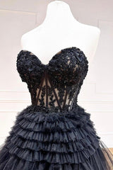 Black Prom Dress Sweetheart Neck Tulle Lace Long Formal Evening Dress