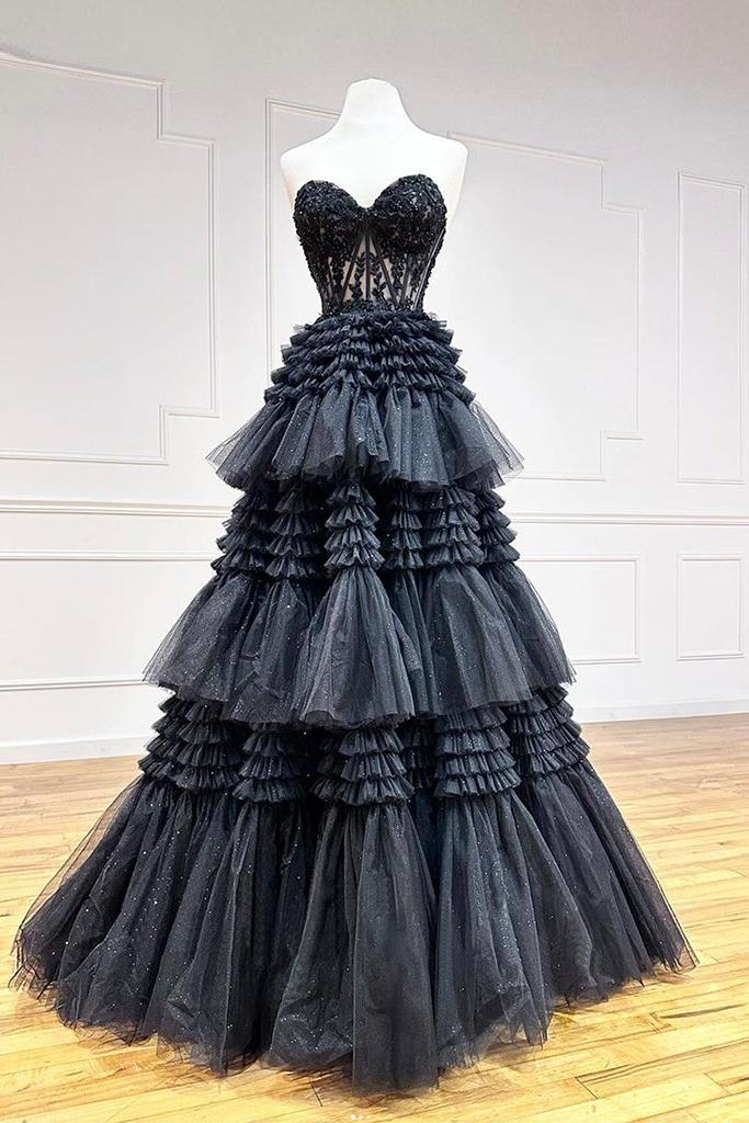 Black Prom Dress Sweetheart Neck Tulle Lace Long Formal Evening Dress