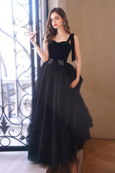 Black Velvet Formal Dress Sweetheart Neck Tulle Long Evening Dress