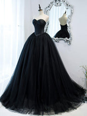 Black Prom Dress Sweetheart Neck Tulle Long Formal Gown Evening Dress
